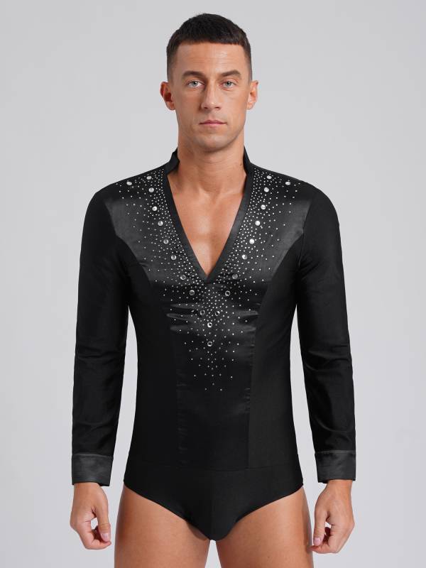 Men V Neck Long Sleeve Satin Patchwork Leotard for Latin Dance Figure Skating thumb