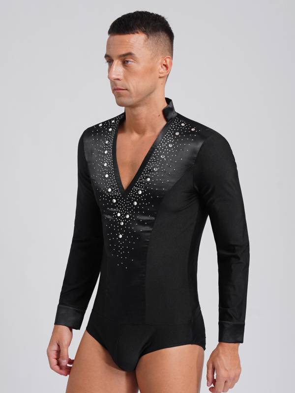 Men V Neck Long Sleeve Satin Patchwork Leotard for Latin Dance Figure Skating thumb