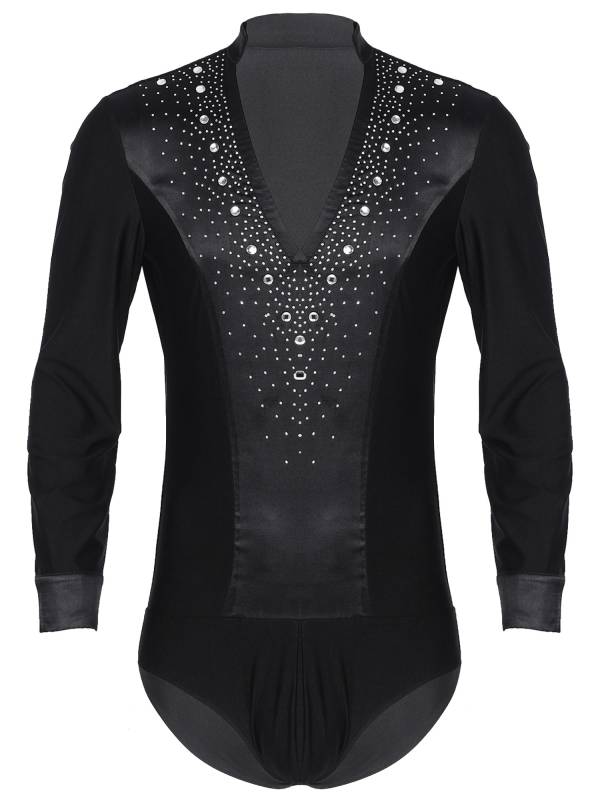 Men V Neck Long Sleeve Satin Patchwork Leotard for Latin Dance Figure Skating thumb