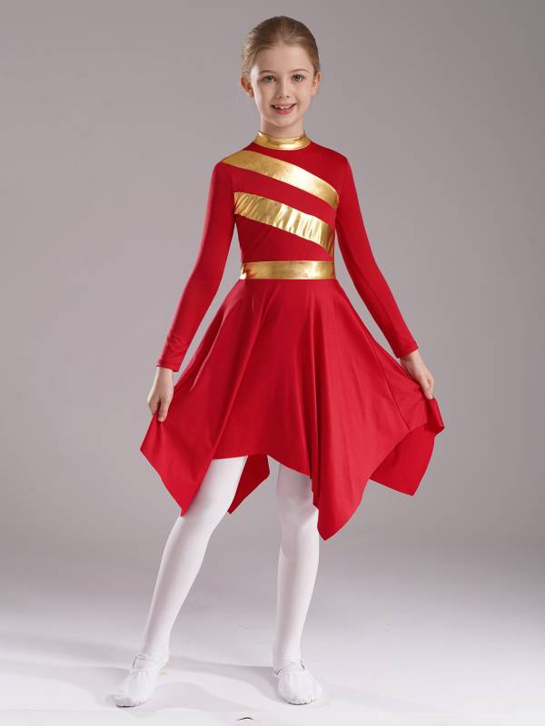 Kids Girls Metallic Mock Neck Long Sleeve Asymmetrical Worship Dance Dress thumb