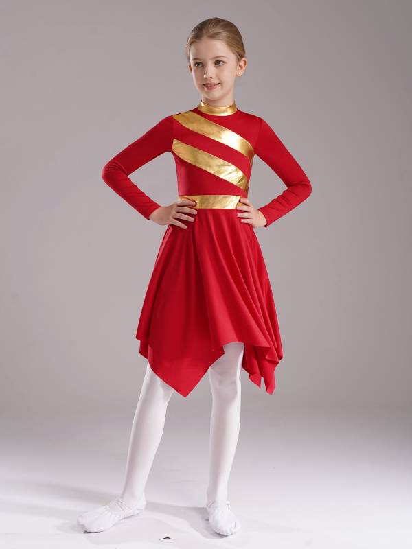 Kids Girls Metallic Mock Neck Long Sleeve Asymmetrical Worship Dance Dress thumb