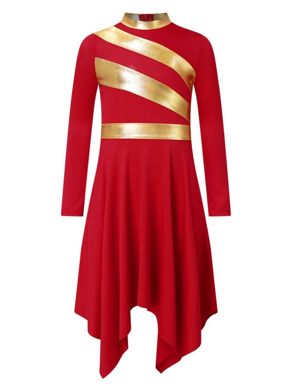 Kids Girls Metallic Mock Neck Long Sleeve Asymmetrical Worship Dance Dress thumb