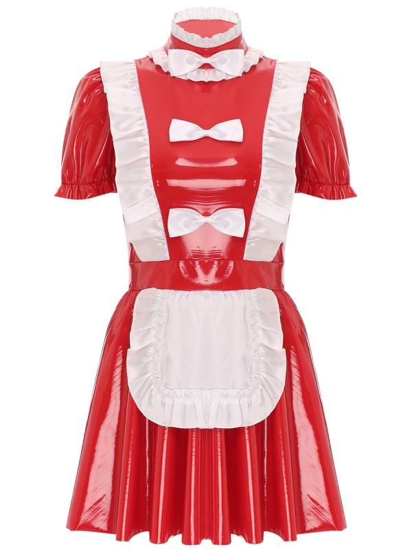 Women Puff Sleeve Mock Neck A-Line Patent Leather Maid Dress thumb