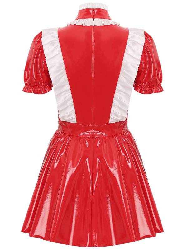 Women Puff Sleeve Mock Neck A-Line Patent Leather Maid Dress thumb