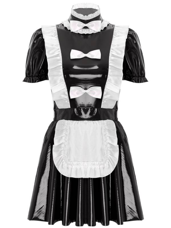 Women Puff Sleeve Mock Neck A-Line Patent Leather Maid Dress thumb