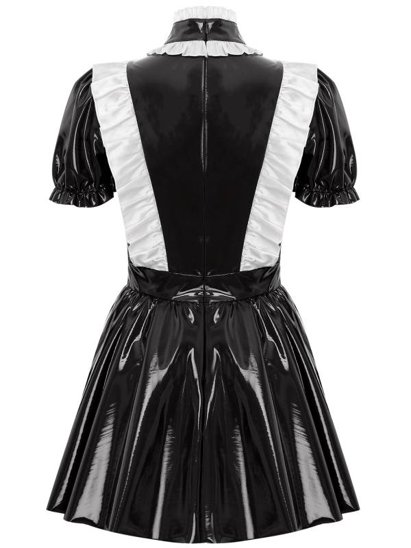 Women Puff Sleeve Mock Neck A-Line Patent Leather Maid Dress thumb