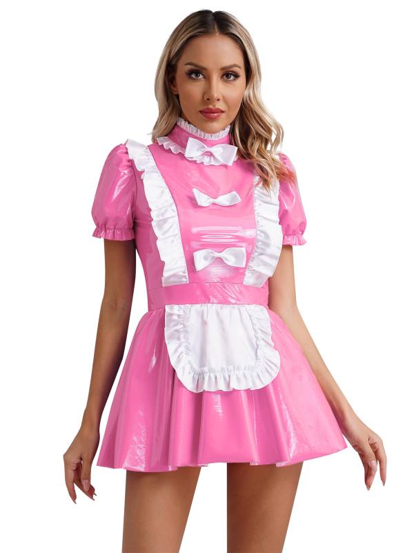 Women Puff Sleeve Mock Neck A-Line Patent Leather Maid Dress thumb