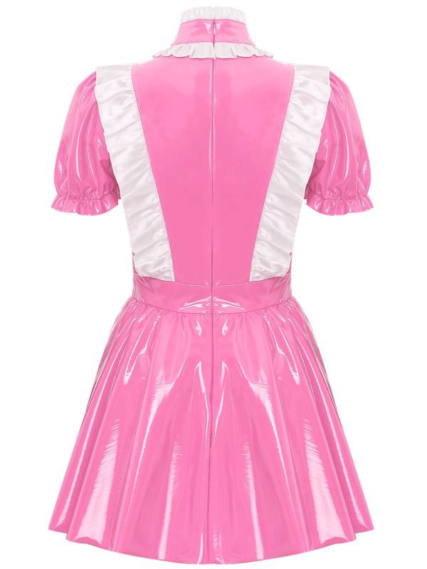 Women Puff Sleeve Mock Neck A-Line Patent Leather Maid Dress thumb