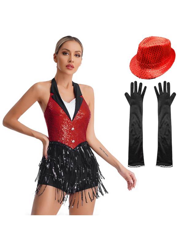 Women Halter Backless Sequins Tassel Jazz Leotard with Gloves Hat thumb