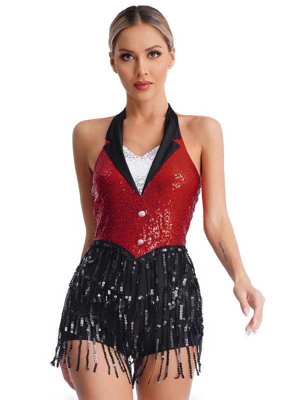 Women Halter Backless Sequins Tassel Jazz Leotard with Gloves Hat thumb