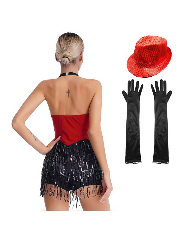 Women Halter Backless Sequins Tassel Jazz Leotard with Gloves Hat thumb