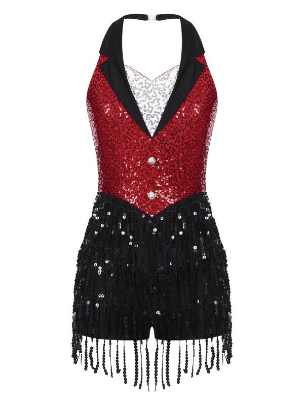 Women Halter Backless Sequins Tassel Jazz Leotard with Gloves Hat thumb