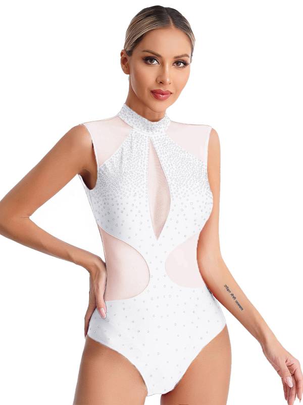 Women Sparkly Rhinestones Sleeveless Cutout Back Figure Skating Leotard thumb