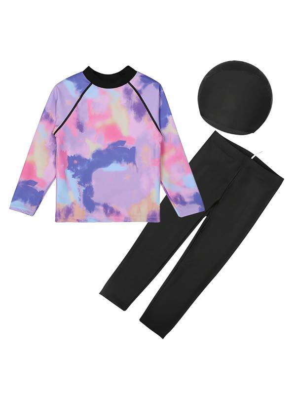 Boys 3pcs Tie Dye Long Sleeve Top and Pants with Swim Cap Swimsuit thumb