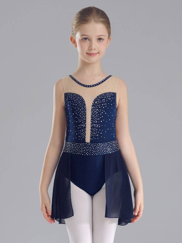 Kids Girls Sleeveless Sparkly Rhinestones U Back Skating Leotard Dress thumb