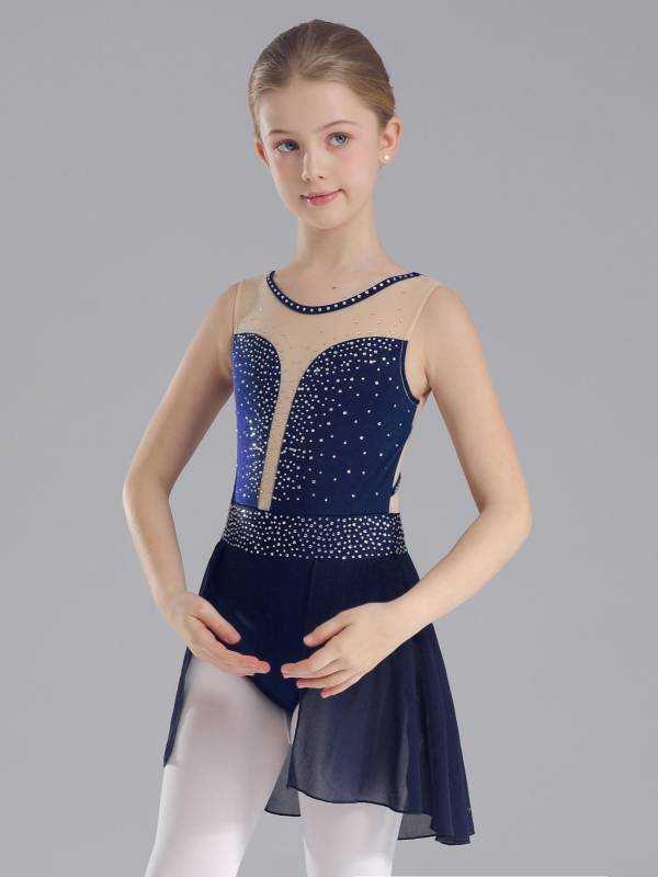 Kids Girls Sleeveless Sparkly Rhinestones U Back Skating Leotard Dress thumb