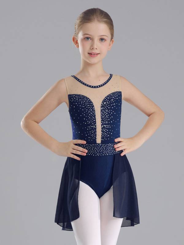 Kids Girls Sleeveless Sparkly Rhinestones U Back Skating Leotard Dress thumb