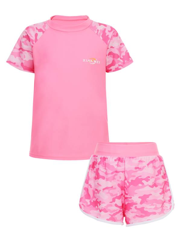 Girls Two Pieces Swimsuit Short Sleeve Swim T-shirt and Shorts Set thumb