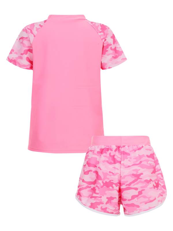 Girls Two Pieces Swimsuit Short Sleeve Swim T-shirt and Shorts Set thumb