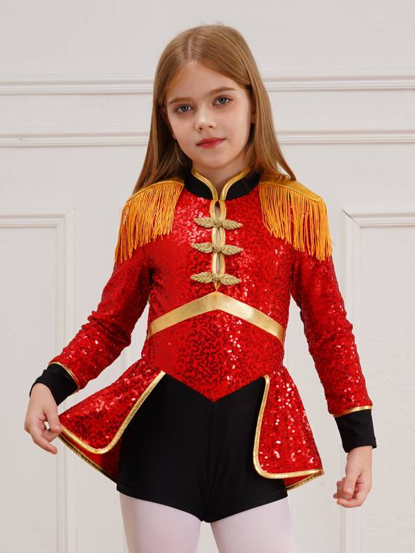 Kids Girls Long Sleeve Fringe Sequins Circus Ringmaster Costume Bodysuit thumb