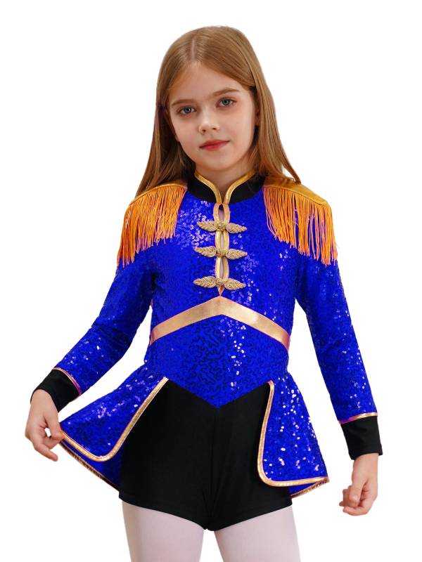 Kids Girls Long Sleeve Fringe Sequins Circus Ringmaster Costume Bodysuit thumb