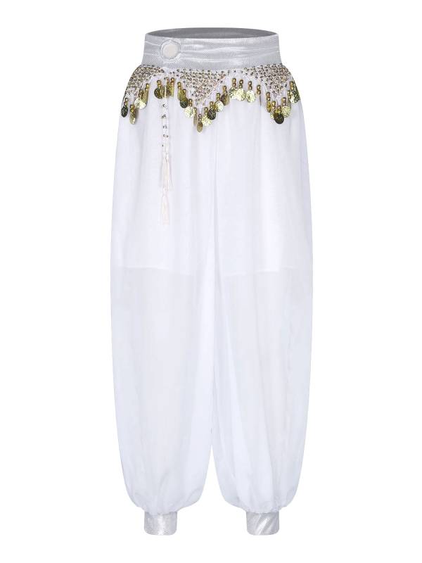 Women Chiffon Plastic Beads Tassels Metallic Side Slit Belly Dance Pants thumb