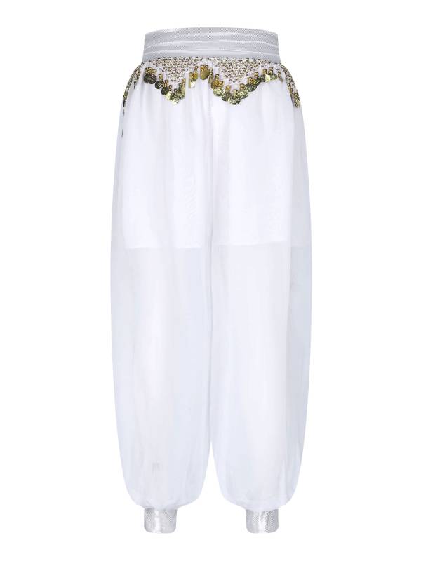 Women Chiffon Plastic Beads Tassels Metallic Side Slit Belly Dance Pants thumb