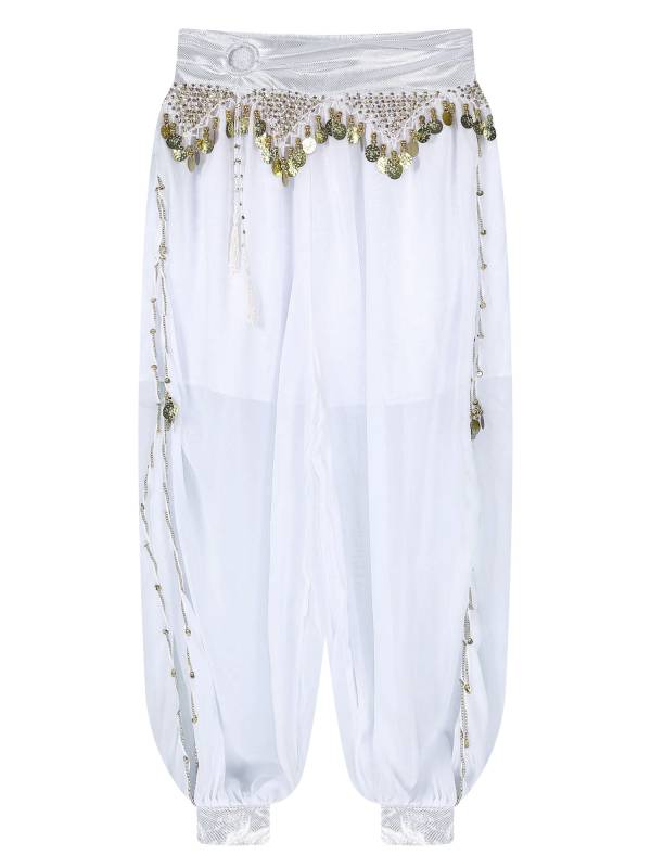 Women Chiffon Plastic Beads Tassels Metallic Side Slit Belly Dance Pants thumb