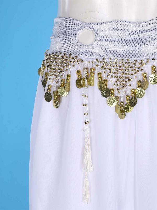 Women Chiffon Plastic Beads Tassels Metallic Side Slit Belly Dance Pants thumb