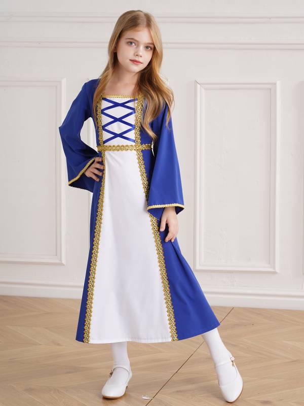 Kids Girls Long Sleeve Square Neck Medieval Renaissance Princess Dress thumb