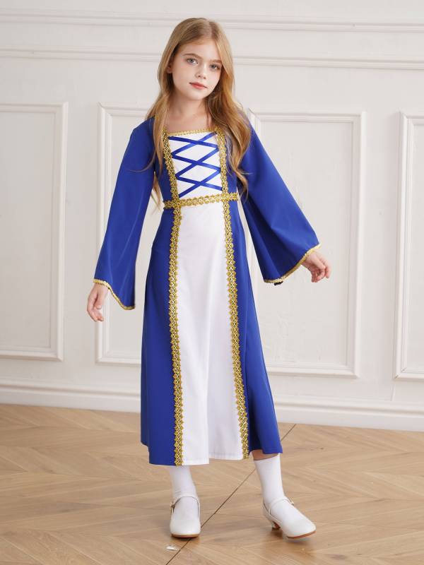 Kids Girls Long Sleeve Square Neck Medieval Renaissance Princess Dress thumb