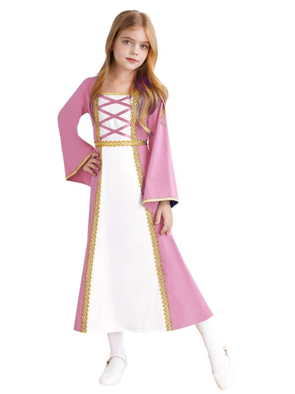 Kids Girls Long Sleeve Square Neck Medieval Renaissance Princess Dress thumb