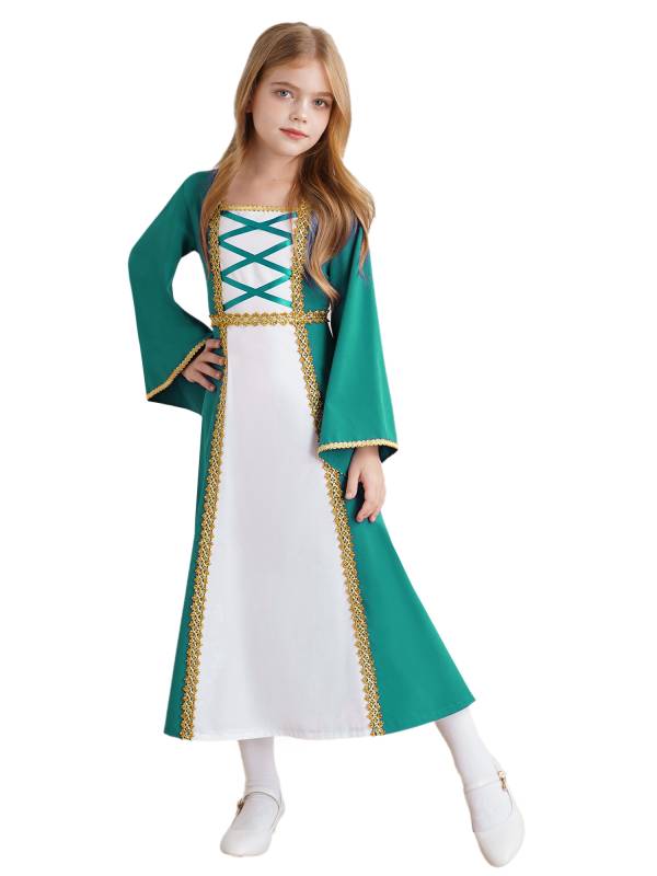 Kids Girls Long Sleeve Square Neck Medieval Renaissance Princess Dress thumb