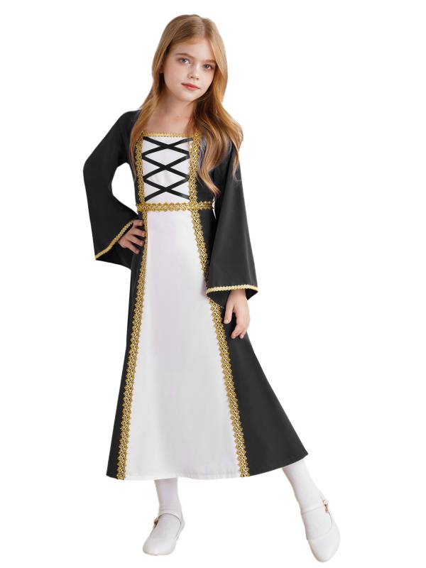 Kids Girls Long Sleeve Square Neck Medieval Renaissance Princess Dress thumb