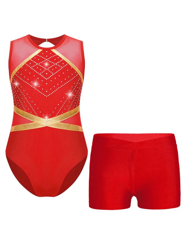 Kids Girls 2pcs Sleeveless Rhinestones Leotard and Shorts Gymnastic Sets thumb