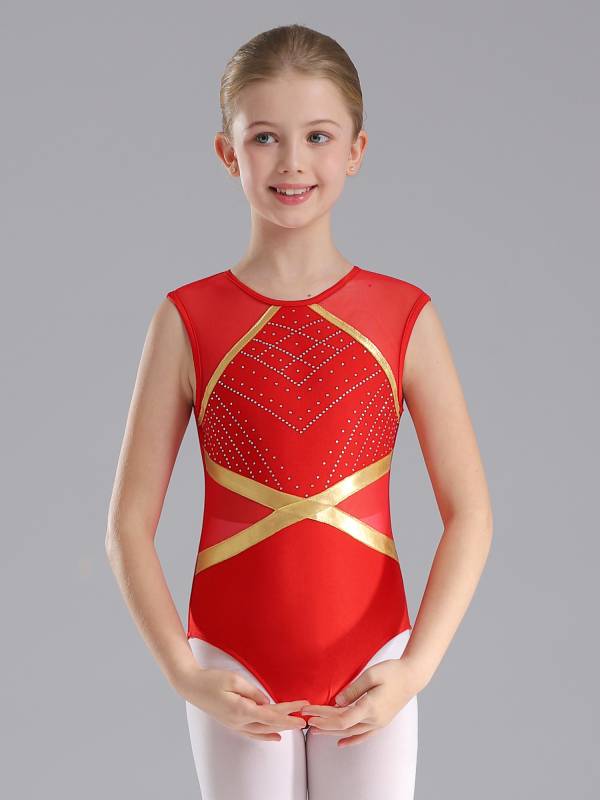 Kids Girls 2pcs Sleeveless Rhinestones Leotard and Shorts Gymnastic Sets thumb