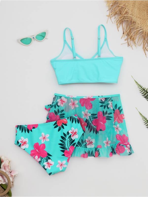 Kids Girls 3pcs Padded Bikini Set with Floral Skirt thumb