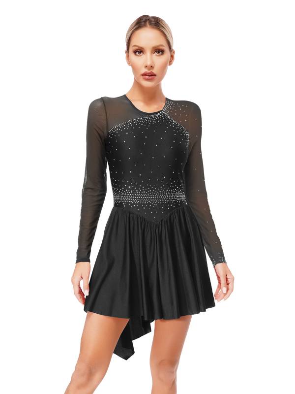 Women Long Sleeve Mesh Asymmetrical Hem Figure Skating Dress thumb