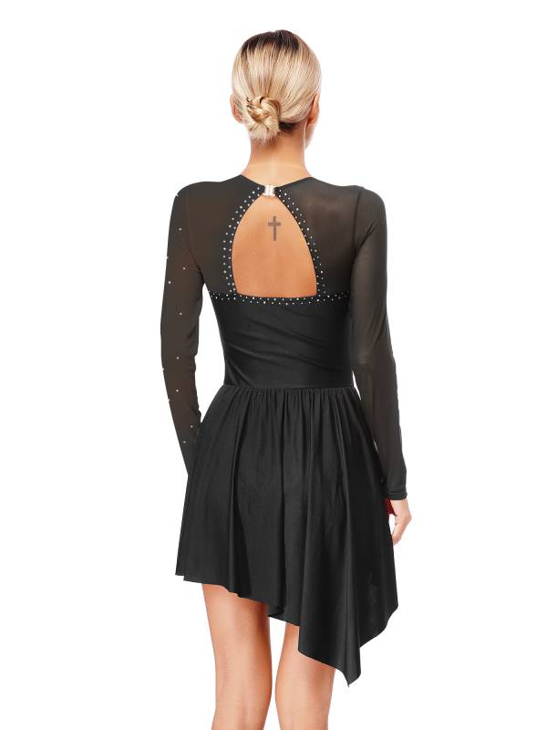 Women Long Sleeve Mesh Asymmetrical Hem Figure Skating Dress thumb