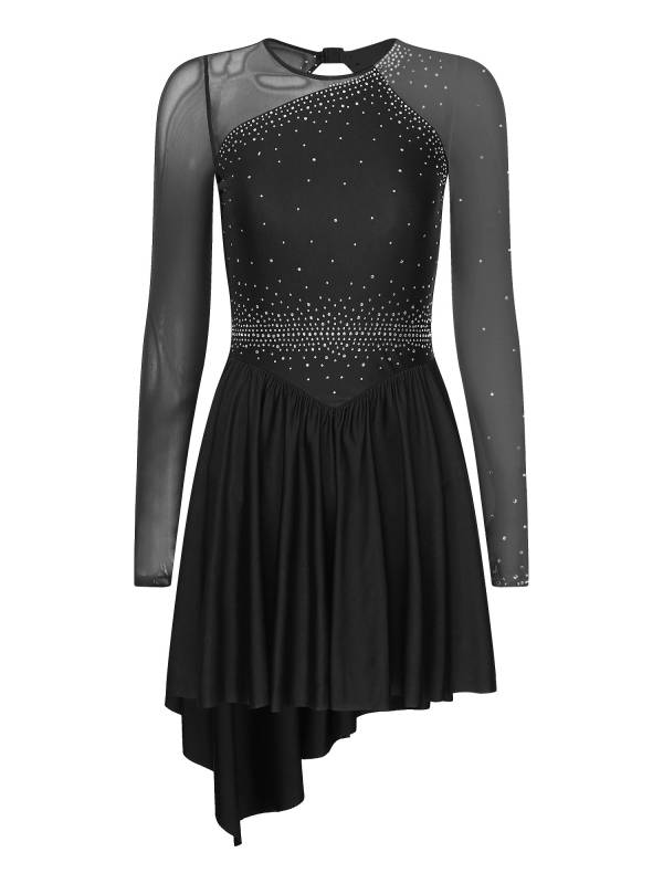 Women Long Sleeve Mesh Asymmetrical Hem Figure Skating Dress thumb