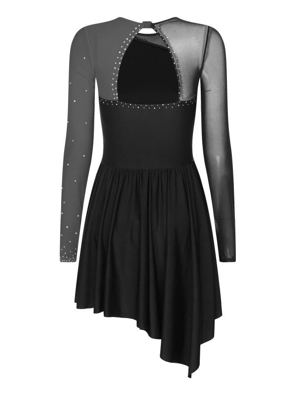 Women Long Sleeve Mesh Asymmetrical Hem Figure Skating Dress thumb