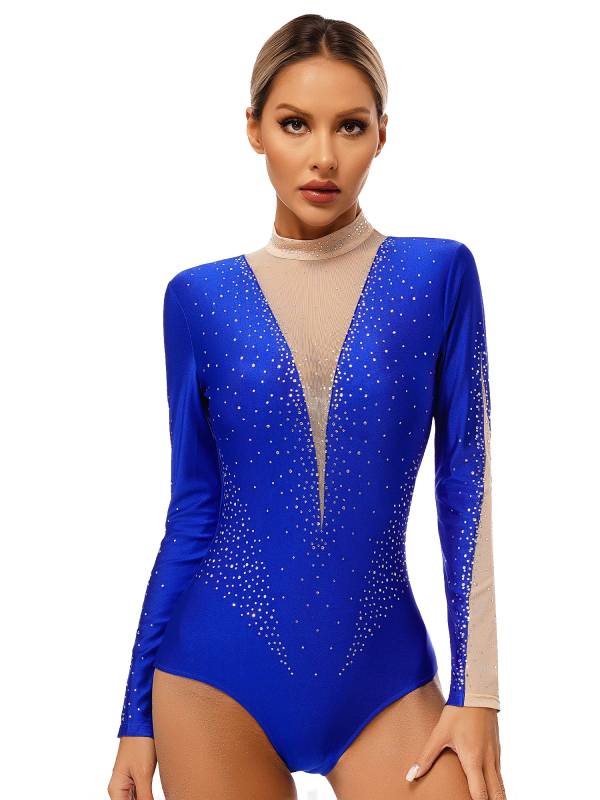 Women Long Sleeve Glittery Rhinestones Gymnastics Leotard thumb