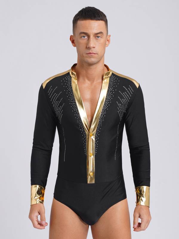 Men V Neck Long Sleeve Metallic Rhinestones Figure Skating Leotard thumb