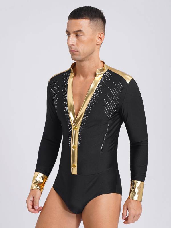 Men V Neck Long Sleeve Metallic Rhinestones Figure Skating Leotard thumb