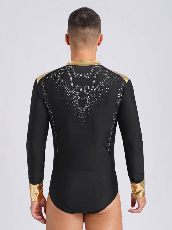 Men V Neck Long Sleeve Metallic Rhinestones Figure Skating Leotard thumb