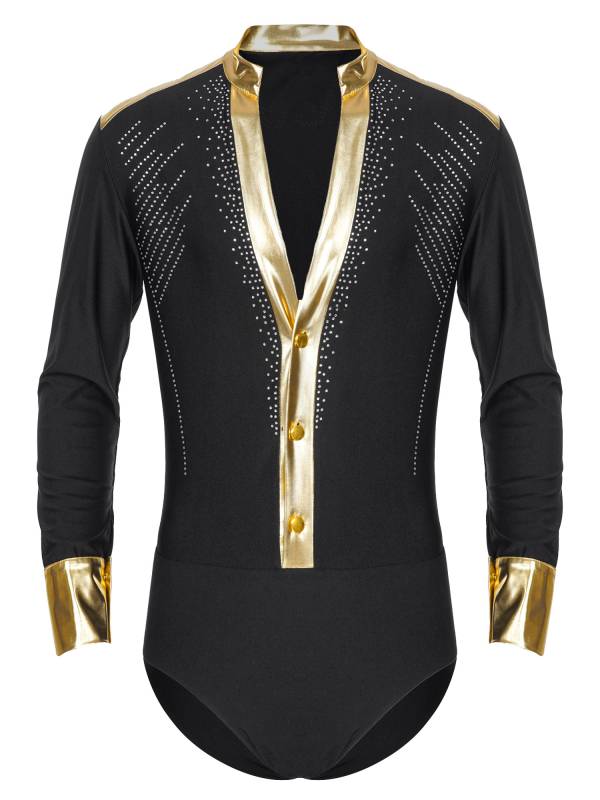 Men V Neck Long Sleeve Metallic Rhinestones Figure Skating Leotard thumb