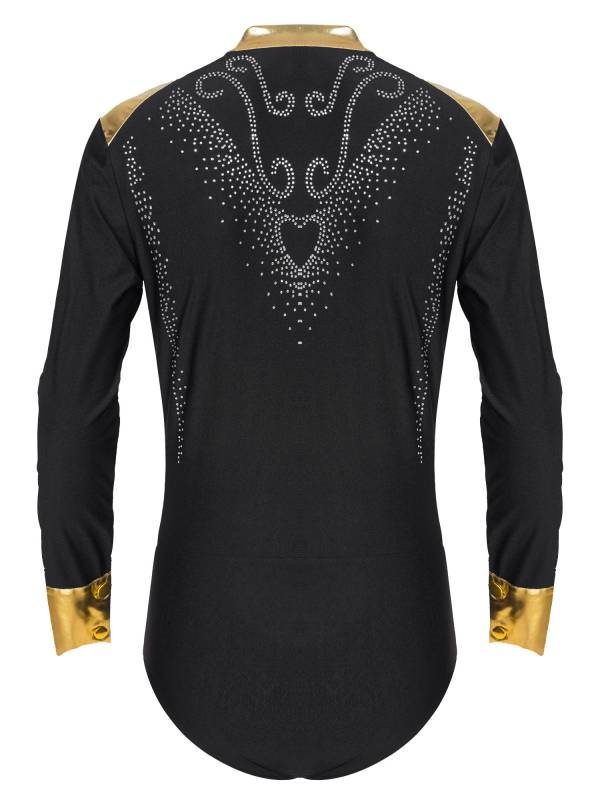 Men V Neck Long Sleeve Metallic Rhinestones Figure Skating Leotard thumb