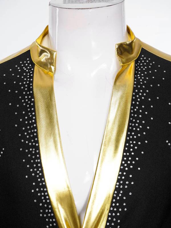 Men V Neck Long Sleeve Metallic Rhinestones Figure Skating Leotard thumb