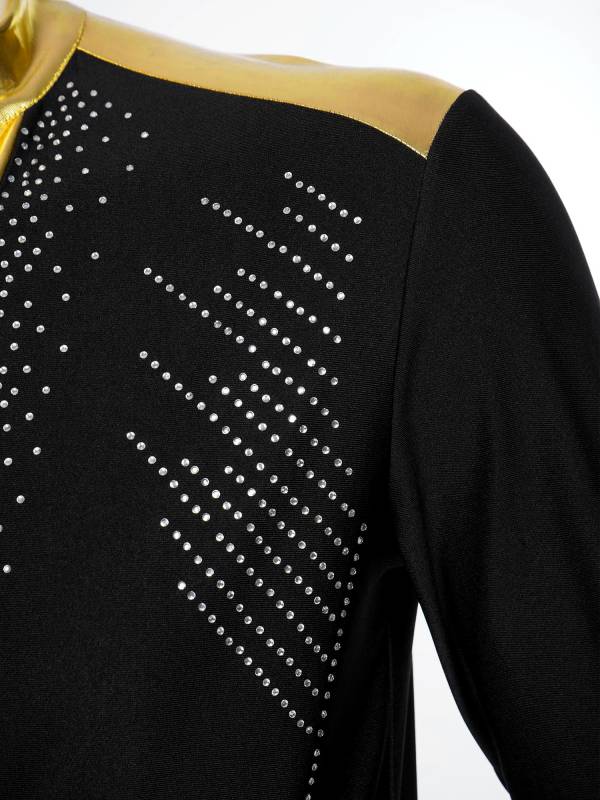 Men V Neck Long Sleeve Metallic Rhinestones Figure Skating Leotard thumb