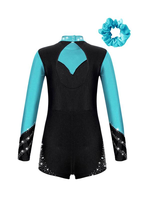 Kids Girls Long Sleeve Mock Neck Rhinestones Gymnastic Unitard with Headwear thumb